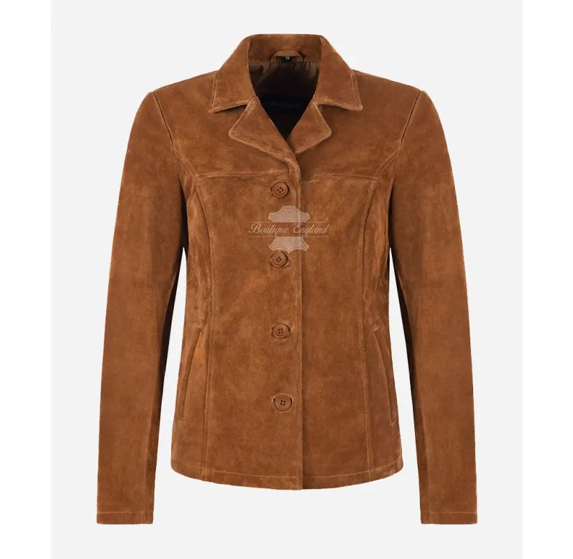JENNIFER BOX LEATHER JACKET WOMEN Tan SUEDE LEATHER BLAZER COAT