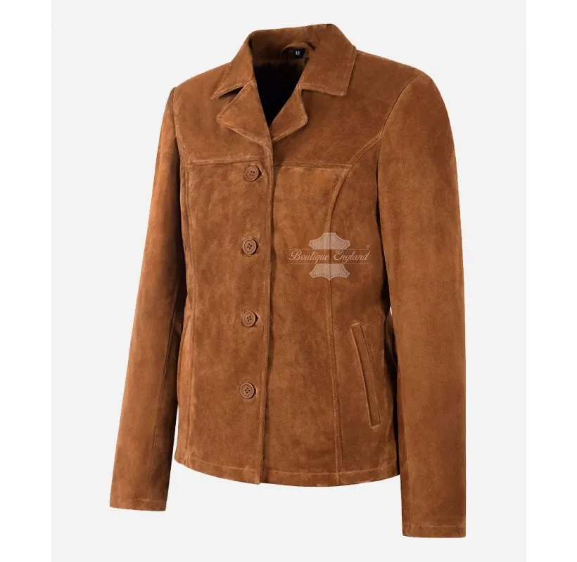 JENNIFER BOX LEATHER JACKET WOMEN Tan SUEDE LEATHER BLAZER COAT