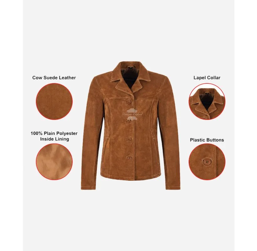 JENNIFER BOX LEATHER JACKET WOMEN Tan SUEDE LEATHER BLAZER COAT